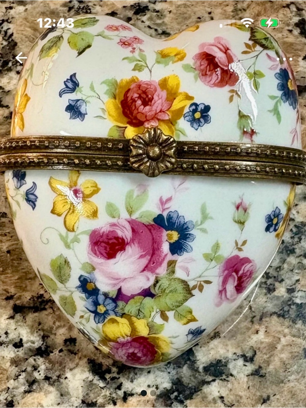 Porcelain Floral Heart Hinged Ring Box - White Pink Yellow & Blue Flowers